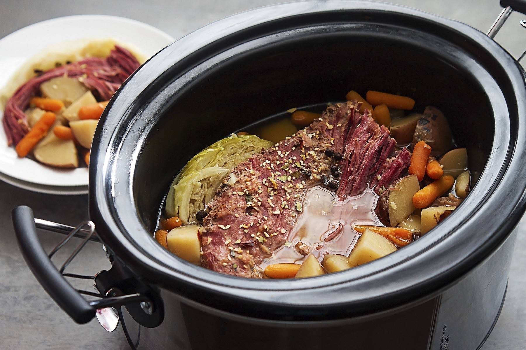 Corned Beef, Cabbage, Carrots and Potatoes in a slow cooker