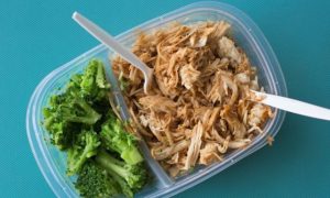 Broccoli and shredded chicken in a divided lunch box