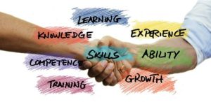2 people shaking hands with these words around them: learning, knowledge, experience, skills,growth, training, ability and cooperation