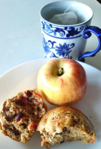 Carrot muffin, apple and cup of tea