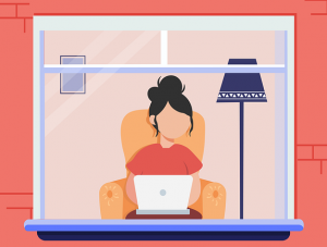 looking through window of women working on her laptop computer