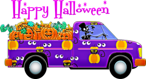 Truck full of pumpkins, googley eyes and a skeleton wishing Happy Halloween 