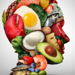 Variety of food images shaped into a human head profile