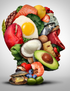 Variety of food images shaped into a human head profile