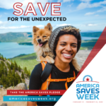 "Save for the Unexpected" Person hiking with dog