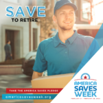 "America Saves" Save to Retire. Man holding box