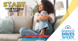 woman sitting on couch "Start Your Savings Journey"