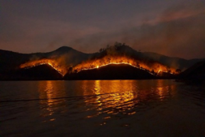 photo fo a wildfire from across a lake