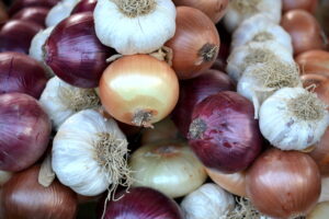 red, yellow, sweet onions and garlic