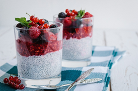 chia seed pudding topped with mixed berries
