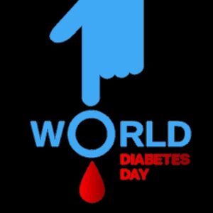 Hand with a finger pointing on the top of the O in the word World. Image says world diabetes day.
