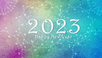 Art work with pink, yellow, green and blue with 2023 Happy New Year