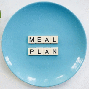 blue plate with words Meal Plan in the center