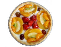 A bowl of pudding or custard topped with a variety of canned fruits.