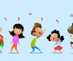 Cartoon of children dancing and signing