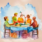 water color of people gathered around a table having conversation