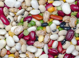 A variety of colorful dry beans and spilt peas .