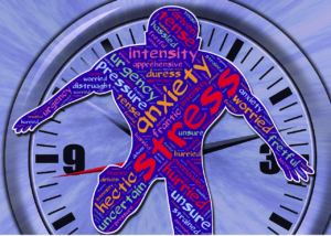 Outline of a person with the words stress , anxiety and pressure overlaid on a clock face.