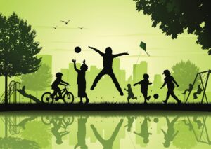 Silhouette of children playing, biking and walking outside