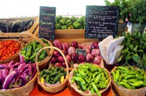 Chili peppers, bell peppers, tomatoes, eggplant, greens and herbs at the farmers market