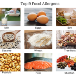 Photos of the top 9 allergens. Milk, eggs, soy, sesame, wheat, tree nuts, peanuts, fish, and shellfish