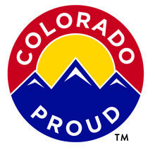 Colorado Proud logo. The logo is round with blue mountains, yellow sun and red outlining the sun.