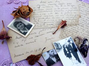 Old pictures. dried flowers and handwritten letters.