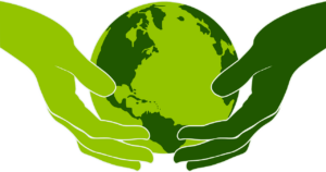 Drawing in two shades of green, with two hands holding a world globe.