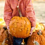 Young child trying to lift a pumpkin from the ground.