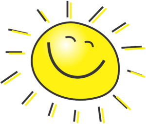 Hand drawn yellow sun with a smiley face and sun rays emitting from it.