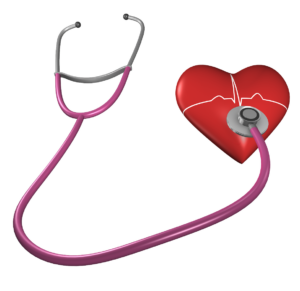 Drawing of a pink stethoscope listening to a red heart