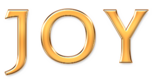 The word JOY written in large gold lettering