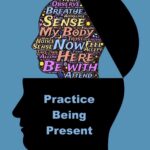 image of 2 heads, the first one says practice being present and the top is opened up to another with words like breath, sense, my body, now, here, be with and many more