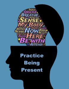 image of 2 heads, the first one says practice being present and the top is opened up to another with words like breath, sense, my body, now, here, be with and many more