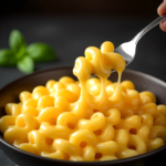 Fork full of creamy macaroni and cheese, with cheese dripping off of the fork into the full bowl below.