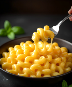 Fork full of creamy macaroni and cheese, with cheese dripping off of the fork into the full bowl below.
